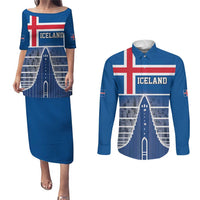 Iceland Hallgrimskirkja Church Couples Matching Puletasi and Long Sleeve Button Shirt Icelandic Flag Design - Wonder Print Shop