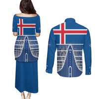 Iceland Hallgrimskirkja Church Couples Matching Puletasi and Long Sleeve Button Shirt Icelandic Flag Design - Wonder Print Shop