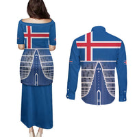 Iceland Hallgrimskirkja Church Couples Matching Puletasi and Long Sleeve Button Shirt Icelandic Flag Design - Wonder Print Shop