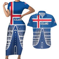 Iceland Hallgrimskirkja Church Couples Matching Short Sleeve Bodycon Dress and Hawaiian Shirt Icelandic Flag Design - Wonder Print Shop
