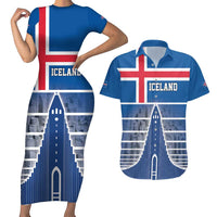 Iceland Hallgrimskirkja Church Couples Matching Short Sleeve Bodycon Dress and Hawaiian Shirt Icelandic Flag Design - Wonder Print Shop