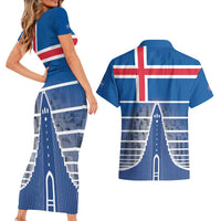 Iceland Hallgrimskirkja Church Couples Matching Short Sleeve Bodycon Dress and Hawaiian Shirt Icelandic Flag Design - Wonder Print Shop