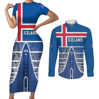 Iceland Hallgrimskirkja Church Couples Matching Short Sleeve Bodycon Dress and Long Sleeve Button Shirt Icelandic Flag Design - Wonder Print Shop