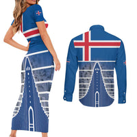 Iceland Hallgrimskirkja Church Couples Matching Short Sleeve Bodycon Dress and Long Sleeve Button Shirt Icelandic Flag Design - Wonder Print Shop