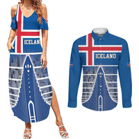 Iceland Hallgrimskirkja Church Couples Matching Summer Maxi Dress and Long Sleeve Button Shirt Icelandic Flag Design - Wonder Print Shop