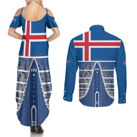 Iceland Hallgrimskirkja Church Couples Matching Summer Maxi Dress and Long Sleeve Button Shirt Icelandic Flag Design - Wonder Print Shop