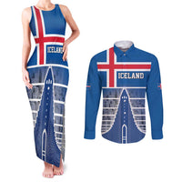 Iceland Hallgrimskirkja Church Couples Matching Tank Maxi Dress and Long Sleeve Button Shirt Icelandic Flag Design - Wonder Print Shop
