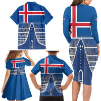 Iceland Hallgrimskirkja Church Family Matching Long Sleeve Bodycon Dress and Hawaiian Shirt Icelandic Flag Design - Wonder Print Shop