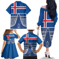 Iceland Hallgrimskirkja Church Family Matching Off The Shoulder Long Sleeve Dress and Hawaiian Shirt Icelandic Flag Design - Wonder Print Shop