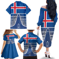 Iceland Hallgrimskirkja Church Family Matching Off The Shoulder Long Sleeve Dress and Hawaiian Shirt Icelandic Flag Design - Wonder Print Shop