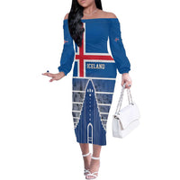 Iceland Hallgrimskirkja Church Family Matching Off The Shoulder Long Sleeve Dress and Hawaiian Shirt Icelandic Flag Design - Wonder Print Shop