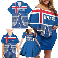 Iceland Hallgrimskirkja Church Family Matching Off Shoulder Short Dress and Hawaiian Shirt Icelandic Flag Design - Wonder Print Shop