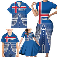 Iceland Hallgrimskirkja Church Family Matching Short Sleeve Bodycon Dress and Hawaiian Shirt Icelandic Flag Design - Wonder Print Shop