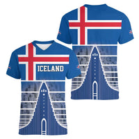 Iceland Hallgrimskirkja Church Women V-Neck T-Shirt Icelandic Flag Design - Wonder Print Shop