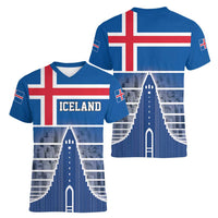 Iceland Hallgrimskirkja Church Women V-Neck T-Shirt Icelandic Flag Design - Wonder Print Shop