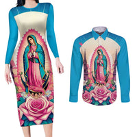 Our Lady of Guadalupe Couples Matching Long Sleeve Bodycon Dress and Long Sleeve Button Shirt Virgin Mary of Mexico - Wonder Print Shop