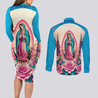 Our Lady of Guadalupe Couples Matching Long Sleeve Bodycon Dress and Long Sleeve Button Shirt Virgin Mary of Mexico - Wonder Print Shop