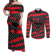 Albania Beast Couples Matching Off Shoulder Maxi Dress and Long Sleeve Button Shirt Ripped Flag Graphic - Wonder Print Shop