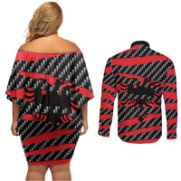 Albania Beast Couples Matching Off Shoulder Short Dress and Long Sleeve Button Shirt Ripped Flag Graphic - Wonder Print Shop
