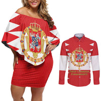 Personalized Polish-Lithuanian Commonwealth Couples Matching Off Shoulder Short Dress and Long Sleeve Button Shirt Royal Coat Of Arms Style