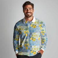 Sicily Italy Lemon Maiolica Long Sleeve Polo Shirt Sicilian Citrus Tile Mediterranean Art