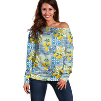 Sicily Italy Lemon Maiolica Off Shoulder Sweater Sicilian Citrus Tile Mediterranean Art