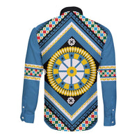 Sicily Italy Carretto Siciliano Long Sleeve Button Shirt Azure Sicilian Cart Wheel Pattern