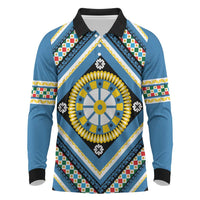 Sicily Italy Carretto Siciliano Long Sleeve Polo Shirt Azure Sicilian Cart Wheel Pattern