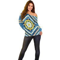 Sicily Italy Carretto Siciliano Off Shoulder Sweater Azure Sicilian Cart Wheel Pattern