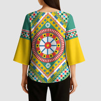Sicily Italy Carretto Siciliano Kimono Sleeve Blouse Green Sicilian Cart Wheel Pattern