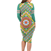 Sicily Italy Carretto Siciliano Long Sleeve Bodycon Dress Green Sicilian Cart Wheel Pattern