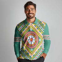 Sicily Italy Carretto Siciliano Long Sleeve Polo Shirt Green Sicilian Cart Wheel Pattern