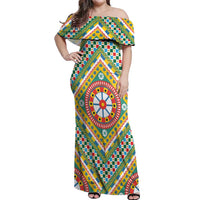 Sicily Italy Carretto Siciliano Off Shoulder Maxi Dress Green Sicilian Cart Wheel Pattern