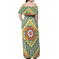 Sicily Italy Carretto Siciliano Off Shoulder Maxi Dress Green Sicilian Cart Wheel Pattern