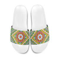 Sicily Italy Carretto Siciliano Slide Sandals Green Sicilian Cart Wheel Pattern