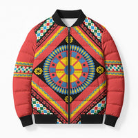 Sicily Italy Carretto Siciliano Bomber Puffer Jacket Red Sicilian Cart Wheel Pattern