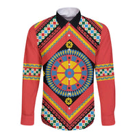 Sicily Italy Carretto Siciliano Long Sleeve Button Shirt Red Sicilian Cart Wheel Pattern