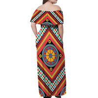 Sicily Italy Carretto Siciliano Off Shoulder Maxi Dress Red Sicilian Cart Wheel Pattern