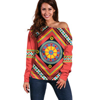 Sicily Italy Carretto Siciliano Off Shoulder Sweater Red Sicilian Cart Wheel Pattern