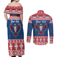 Personalized Serbia Christmas Eagle Couples Matching Off Shoulder Maxi Dress and Long Sleeve Button Shirt Srecan Bozic Tee - Wonder Print Shop