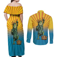 Lady Liberty Portland Frog Couples Matching Off Shoulder Maxi Dress and Long Sleeve Button Shirt Frog Protest No Kings In America - Wonder Print Shop