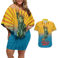 Lady Liberty Portland Frog Couples Matching Off Shoulder Short Dress and Hawaiian Shirt Frog Protest No Kings In America - Wonder Print Shop