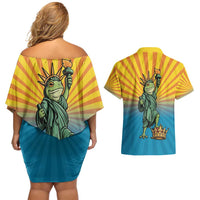 Lady Liberty Portland Frog Couples Matching Off Shoulder Short Dress and Hawaiian Shirt Frog Protest No Kings In America - Wonder Print Shop