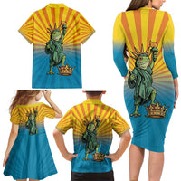 Lady Liberty Portland Frog Family Matching Long Sleeve Bodycon Dress and Hawaiian Shirt Frog Protest No Kings In America - Wonder Print Shop