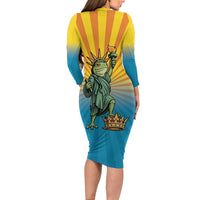Lady Liberty Portland Frog Family Matching Long Sleeve Bodycon Dress and Hawaiian Shirt Frog Protest No Kings In America - Wonder Print Shop