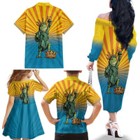 Lady Liberty Portland Frog Family Matching Off The Shoulder Long Sleeve Dress and Hawaiian Shirt Frog Protest No Kings In America - Wonder Print Shop