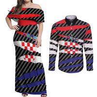 Croatia Beast Couples Matching Off Shoulder Maxi Dress and Long Sleeve Button Shirt Ripped Flag Graphic - Wonder Print Shop