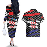Croatia Beast Couples Matching Off The Shoulder Long Sleeve Dress and Hawaiian Shirt Ripped Flag Graphic - Wonder Print Shop