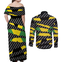 Jamaica Beast Couples Matching Off Shoulder Maxi Dress and Long Sleeve Button Shirt Ripped Flag Graphic - Wonder Print Shop