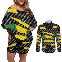 Jamaica Beast Couples Matching Off Shoulder Short Dress and Long Sleeve Button Shirt Ripped Flag Graphic - Wonder Print Shop